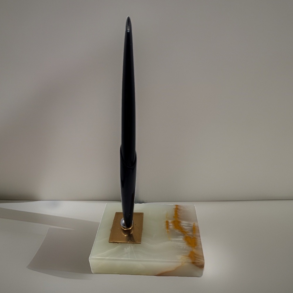 Vintage Marble Or AlabasterDesk Pen Set Black Office Writing Pen Stand MCM Decor